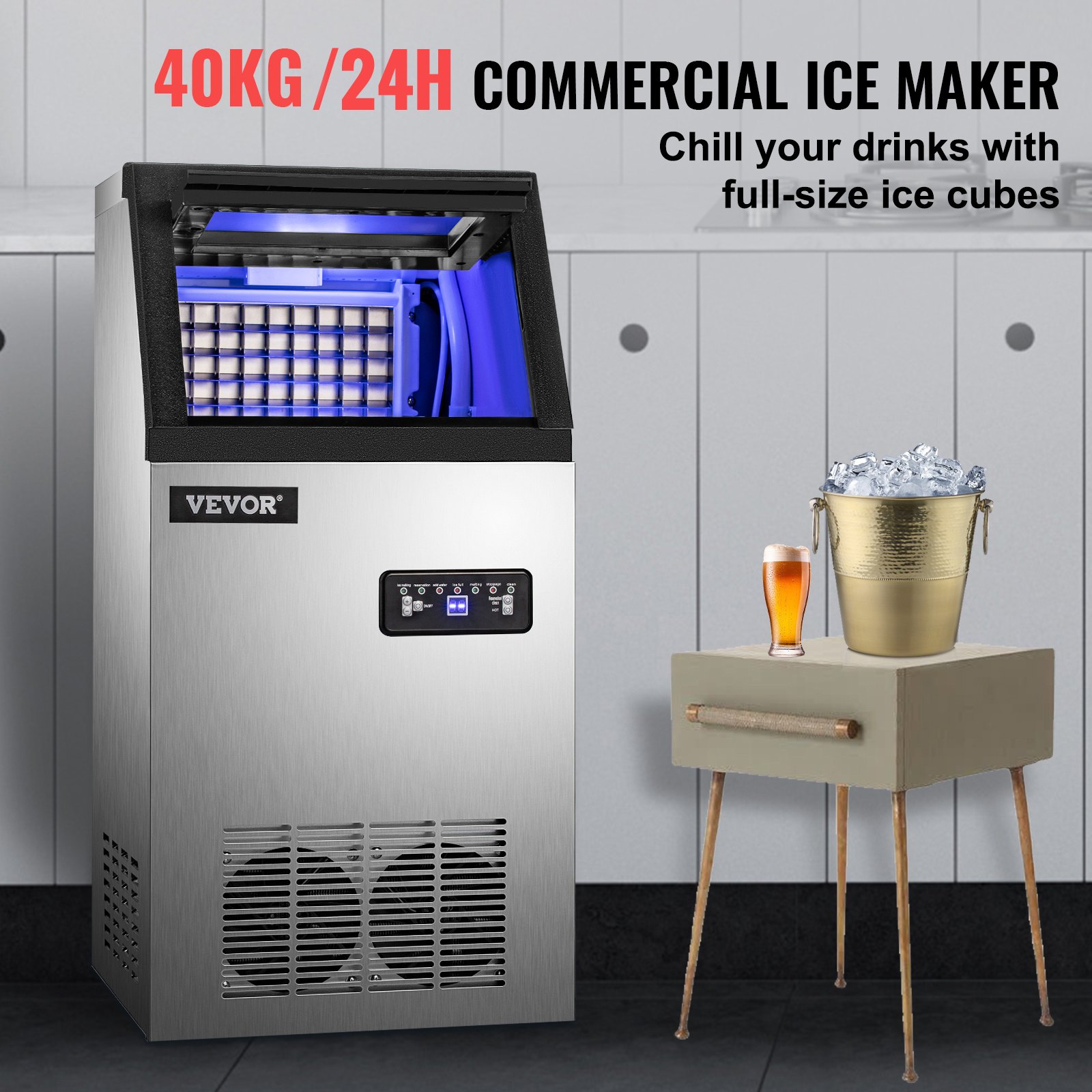 VEVOR Commercial Ice Maker, 132 LBS/24H, Stainless Steel Ice Cube Maker Machine with 22 LBS Storage, 410W Ice Making Machine with LED Control Panel Water Filter Pipes Ice Scoop for Bars Restaurants, 2