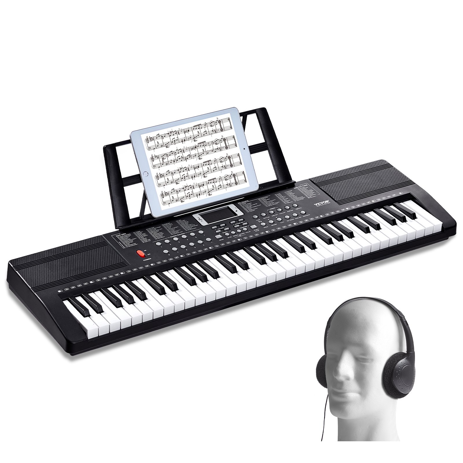VEVOR 61 Key Digital Keyboard Piano, 200 Tones 200 Rhythms, Electric Portable Piano Keyboard Kit with 60 Demo Songs Built-In Dual Speakers Headphones, Piano Stickers for Beginners Learning