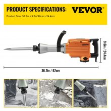 VEVOR Electric Demolition Hammer 1500W Electric Jack Hammer Breaker 65A Demolition Hammer Drill with 360° Rotary Ergonomic Handle for Concrete