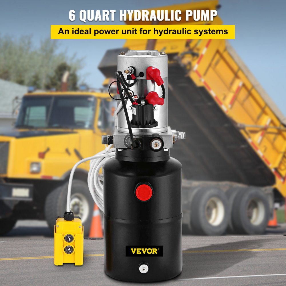 VEVO 12V DC Hydraulic Pump Single Acting Hydraulic Power Unit 6 Quart Steel Reservoir Hydraulic Pump Unit for Dump Trailers Remotely Controlled Car Lift Pump(Single Acting 6 Quart)