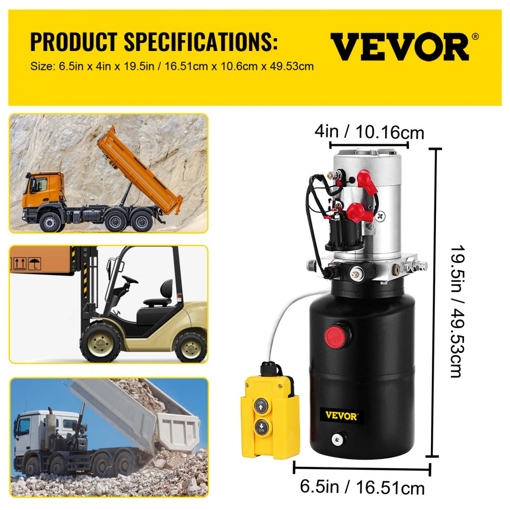 VEVO 12V DC Hydraulic Pump Single Acting Hydraulic Power Unit 6 Quart Steel Reservoir Hydraulic Pump Unit for Dump Trailers Remotely Controlled Car Lift Pump(Single Acting 6 Quart)