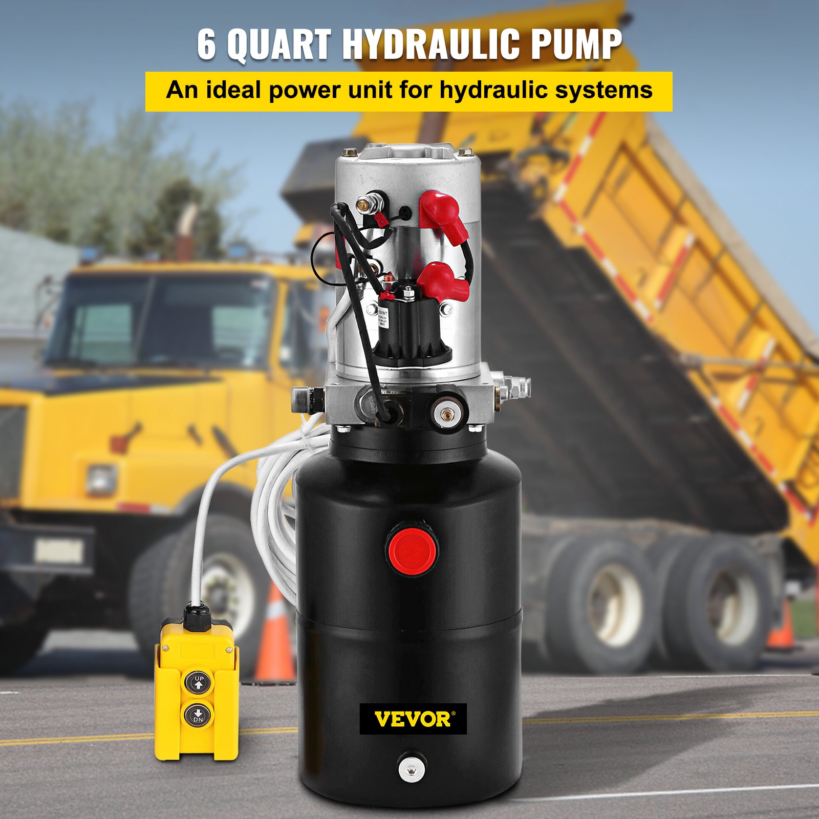 VEVO 12V DC Hydraulic Pump Single Acting Hydraulic Power Unit 6 Quart Steel Reservoir Hydraulic Pump Unit for Dump Trailers Remotely Controlled Car Lift Pump(Single Acting 6 Quart)