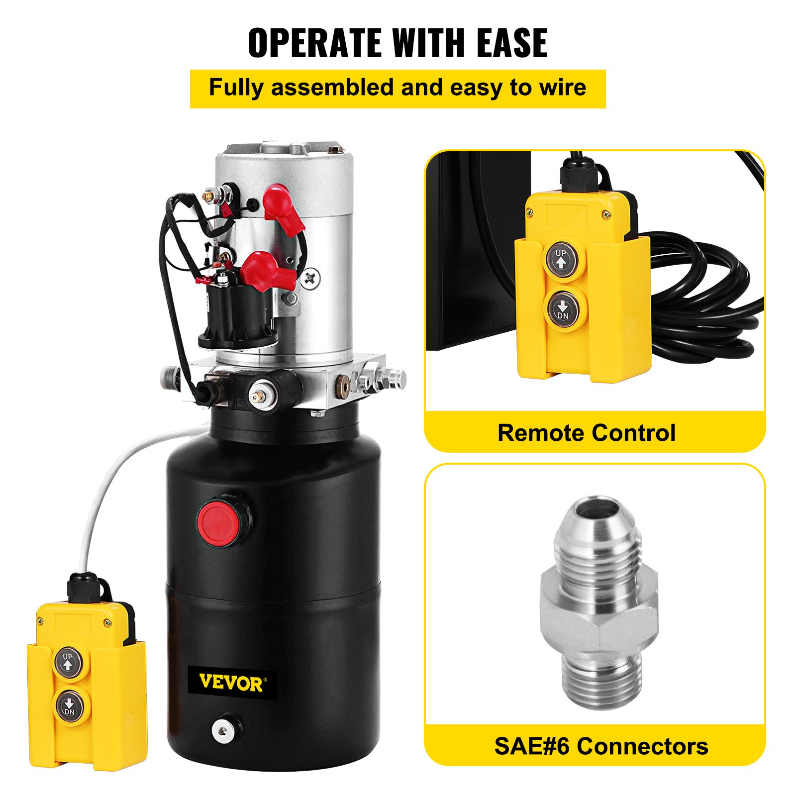 VEVO 12V DC Hydraulic Pump Single Acting Hydraulic Power Unit 6 Quart Steel Reservoir Hydraulic Pump Unit for Dump Trailers Remotely Controlled Car Lift Pump(Single Acting 6 Quart)