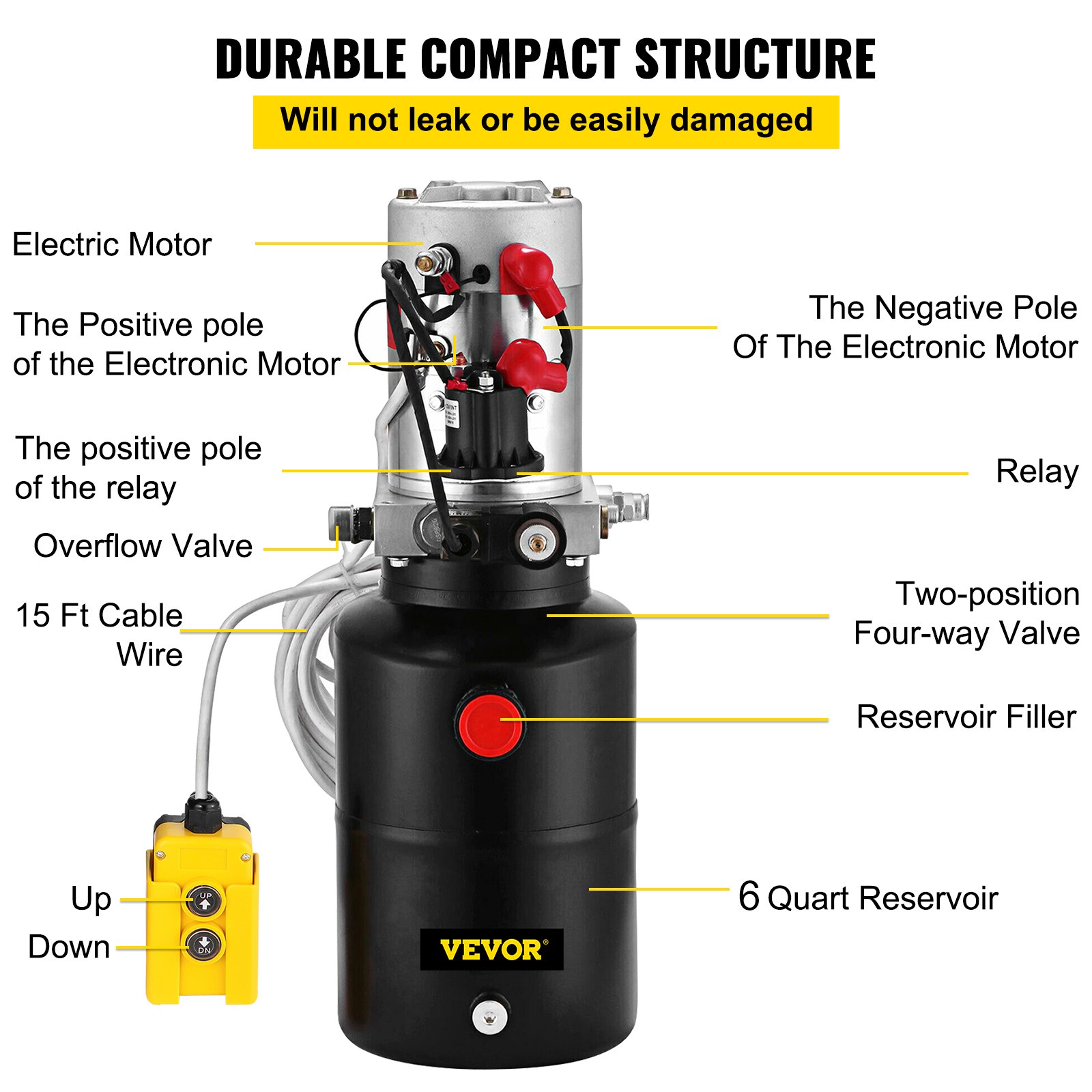 VEVO 12V DC Hydraulic Pump Single Acting Hydraulic Power Unit 6 Quart Steel Reservoir Hydraulic Pump Unit for Dump Trailers Remotely Controlled Car Lift Pump(Single Acting 6 Quart)
