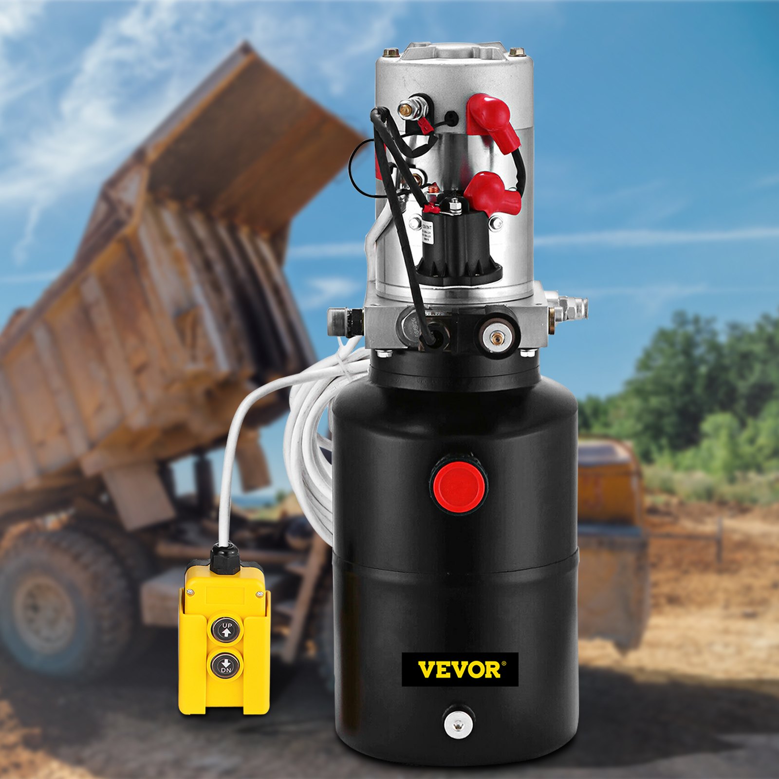 VEVO 12V DC Hydraulic Pump Single Acting Hydraulic Power Unit 6 Quart Steel Reservoir Hydraulic Pump Unit for Dump Trailers Remotely Controlled Car Lift Pump(Single Acting 6 Quart)