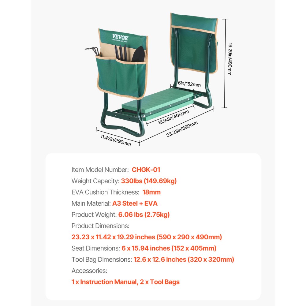 VEVOR Kniebank 590x290x490mm, Kniekussen 152mm Kniebeschermer, Kniehulpmiddel Tuinieren tot 150 kg, Opvouwbare tuinstoel met 2 gereedschapstassen, Werkkruk Verlicht knie- en rugpijn