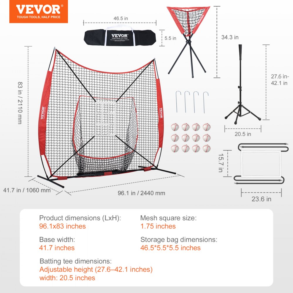 VEVOR 244 x 106 x 211 cm honkbal-softbal oefennet, draagbaar honkbal trainingsnet voor slaan, vangen en gooien, vangnet met boogframe, draagtas, slagzone, ballen, ballenverzamelaar