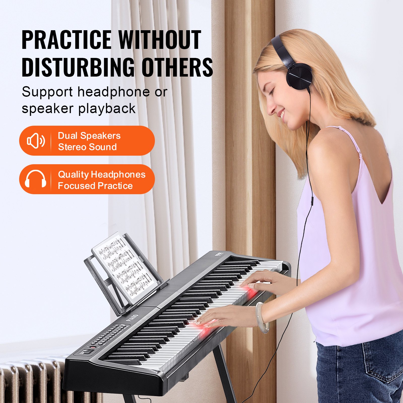 VEVOR 88 Key Digital Piano Keyboard, Semi Weighted Keys, Full Size Electric Portable Keyboard Piano Set with 1000 Tones Built-In Speakers Sustain Pedal Headphones, Bluetooth MIDI USB for Beginners