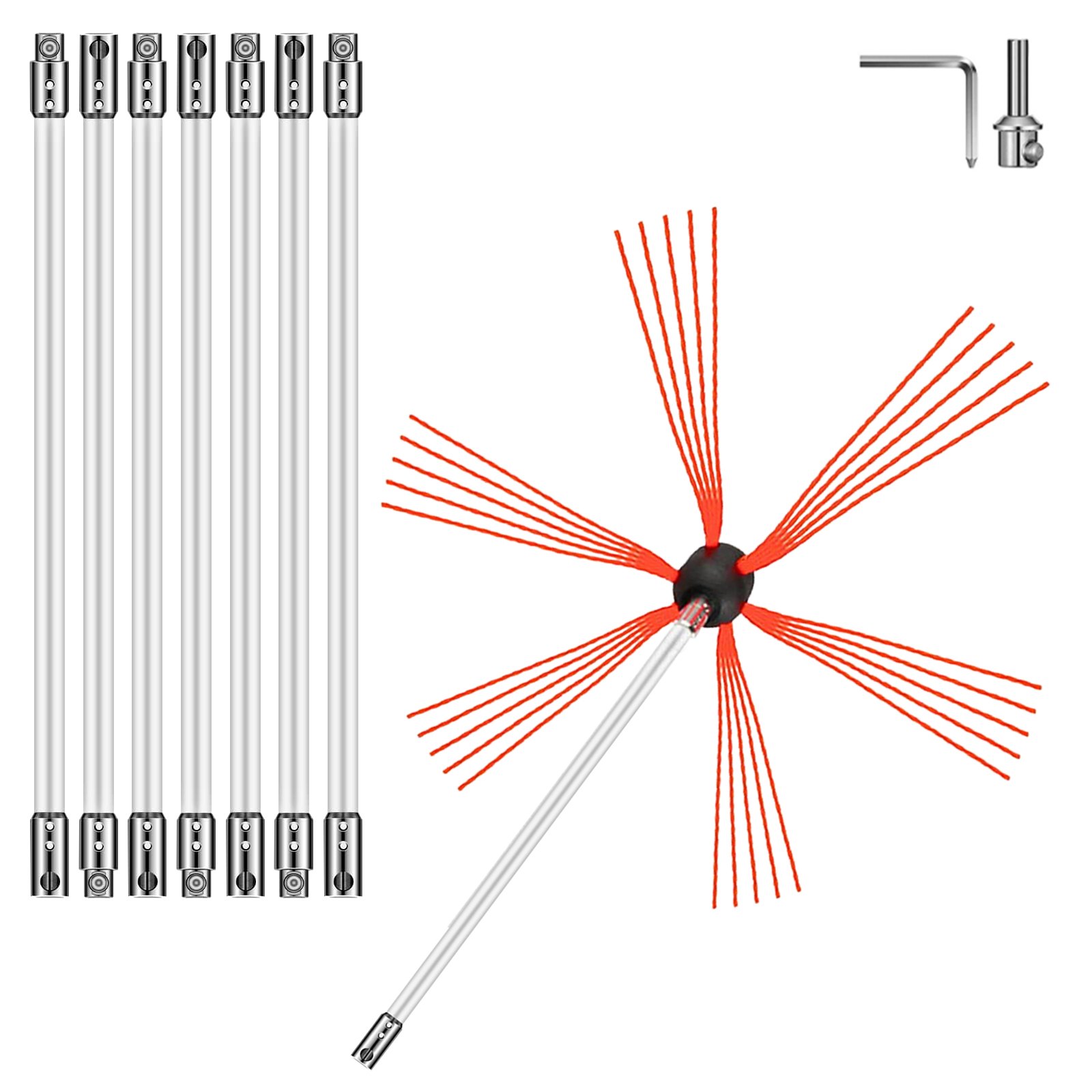 VEVOR Schoorsteenborstel Schoorsteenvegerbezem Schoorsteenvegerborstel Schoorsteenbezem Wit met sleutelmaat 17 mm, flexibele borstelkop Nylon schoorsteenreinigingsset