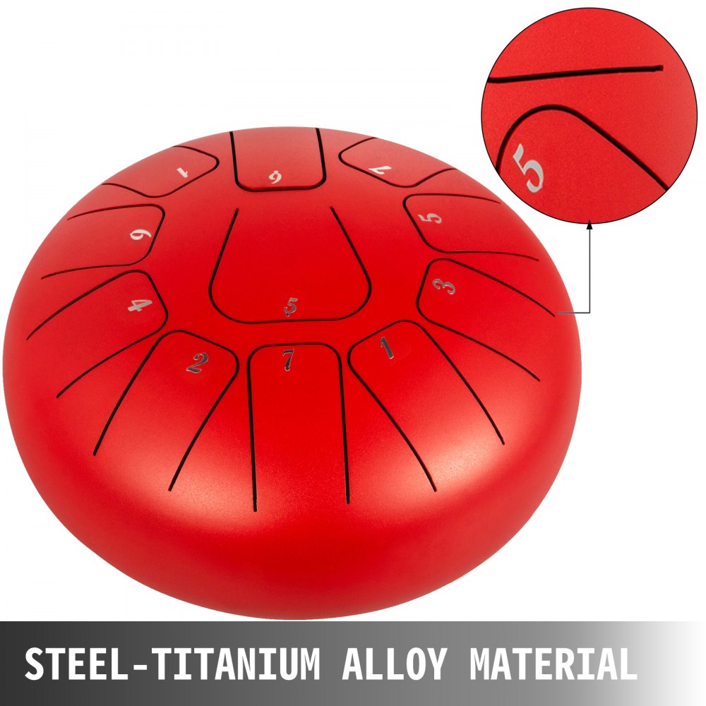 VEVOR Staal Tong Drum 11 Noten, Stalen Tong Trommel 8 inch Hand Pan Trommel Rood met Drumstokken/Draagtas, Etherische Trommel voor Meditatie, Yoga, Zazen, Muziektherapeuten, Religieuze Activiteiten