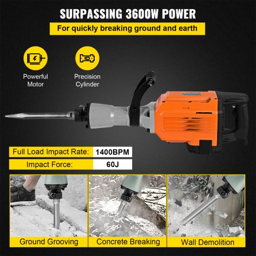 3500W Electric Demolition Jack Hammer Punch 360° swivel Trenching HD 110V/60HZ