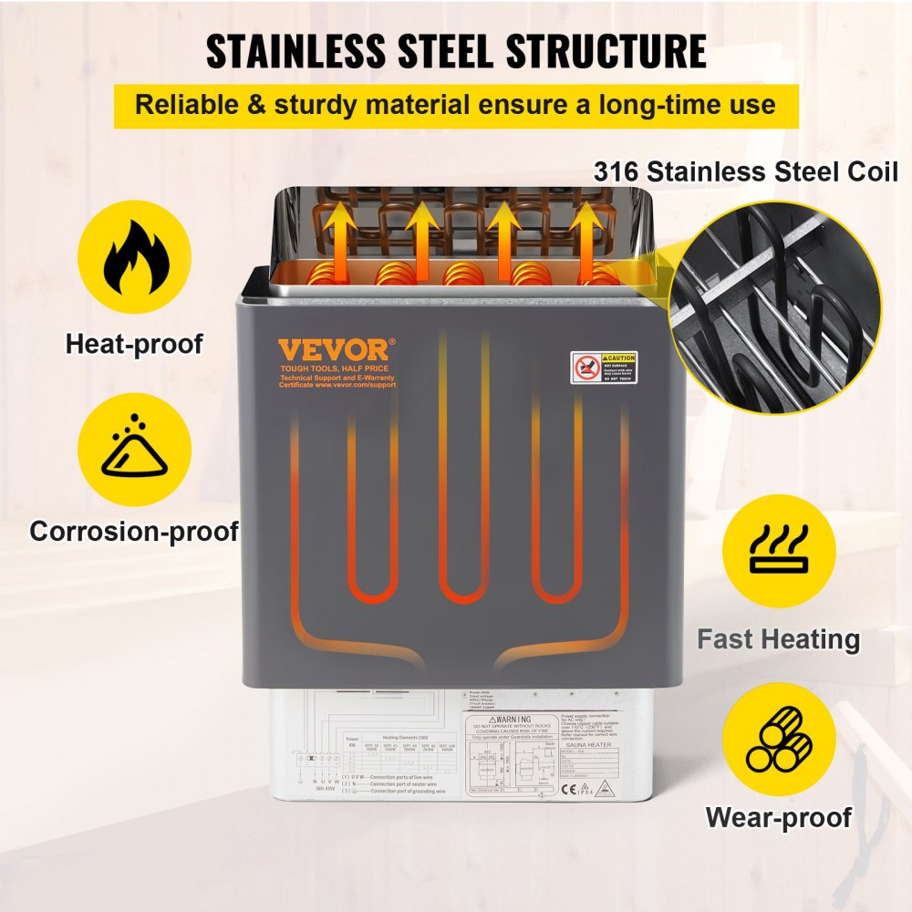 VEVOR Sauna Heater 9 KW, Electric Sauna Heater 380 V - 415 V, Stainless Steel Sauna Heater, Electric Sauna Heater with 2 Modes (Temperature, Time), with External Control Unit & 3M Temperature Sensor (Sauna Stones Not Included)