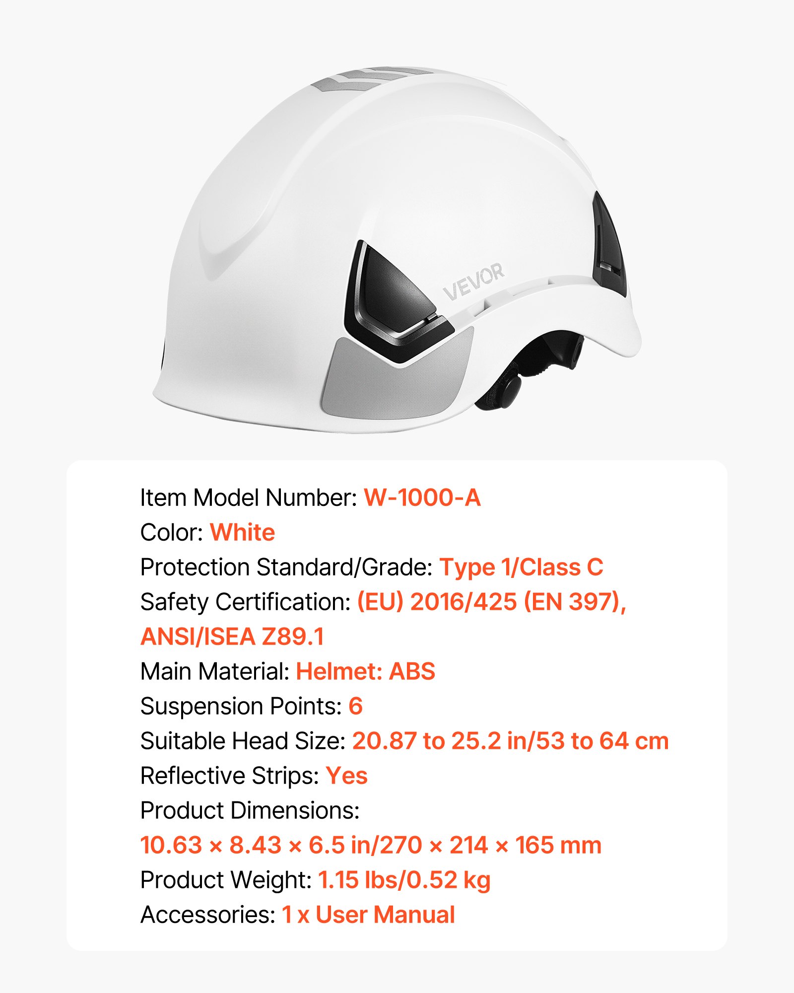 VEVOR ANSI/ISEA Z89.1 goedgekeurde ABS-veiligheidshelm met 6-punts ratelbevestiging, verstelbare industriële helm, geventileerde bouwhelm, werkhelm voor industriële bouwwerkkleding, wit