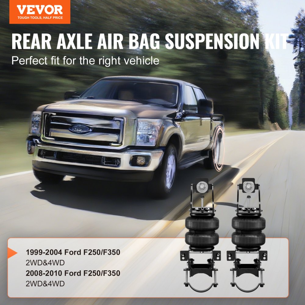 VEVOR luchtveringkit, luchtveersysteem compatibel met Ford F250/F350 2WD 4WD (1999-2004) en Ford F250/F350 2WD 4WD (2008-2010), draagvermogen 5000 lbs, druk 5 tot 100 PSI.