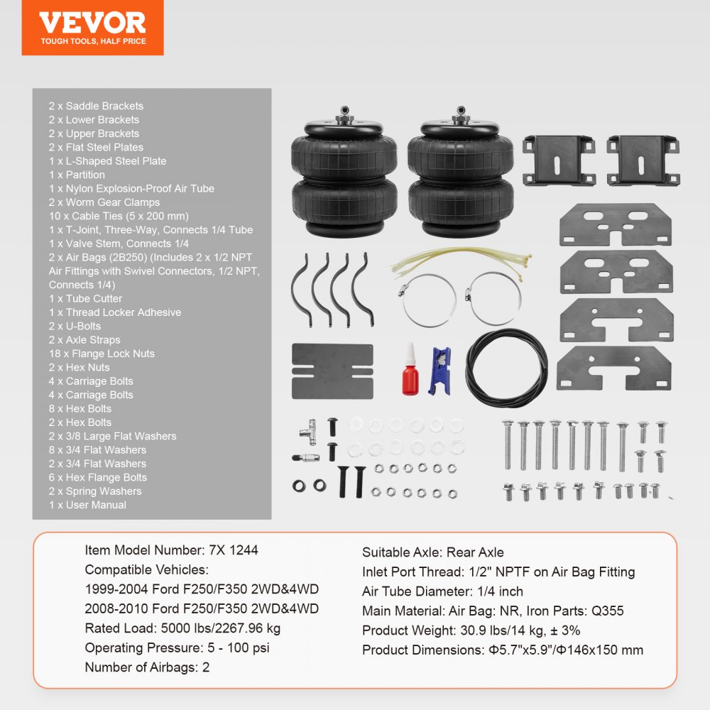 VEVOR luchtveringkit, luchtveersysteem compatibel met Ford F250/F350 2WD 4WD (1999-2004) en Ford F250/F350 2WD 4WD (2008-2010), draagvermogen 5000 lbs, druk 5 tot 100 PSI.