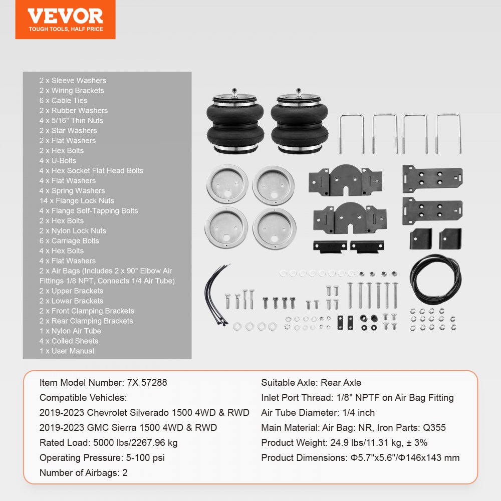 VEVOR luchtveringkit, luchtveersysteemkit compatibel met Chevrolet Silverado 1500 en GMC Sierra 1500 4WD RWD (2019-2023), draagvermogen 5000 lbs, druk 5 tot 100 PSI