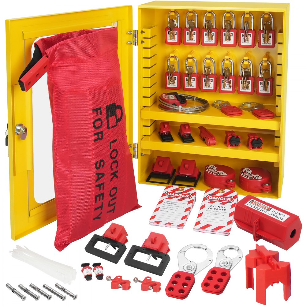 Gele VEVOR lockout tagout-kit met meerdere sloten, tags en veiligheidsvoorzieningen voor apparatuuronderhoud.