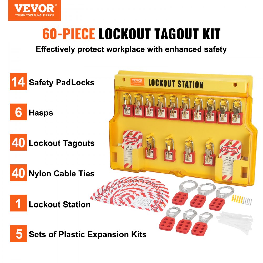 VEVOR Elektrische Lockout Tagout Kit, 60-delig veiligheids Lockout Tagout Station inclusief hangsloten, grendels, tags, nylon kabelbinders, uitbreidingsset en Lockout Station Board