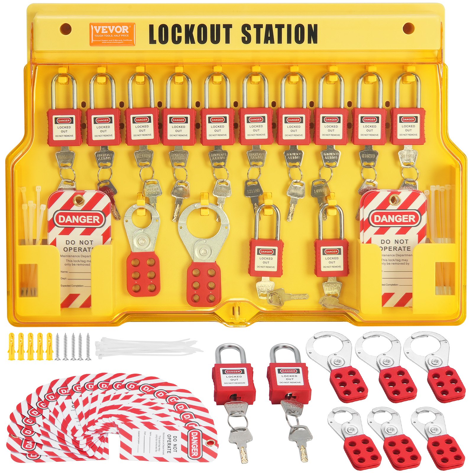 VEVOR Elektrische Lockout Tagout Kit, 60-delig veiligheids Lockout Tagout Station inclusief hangsloten, grendels, tags, nylon kabelbinders, uitbreidingsset en Lockout Station Board
