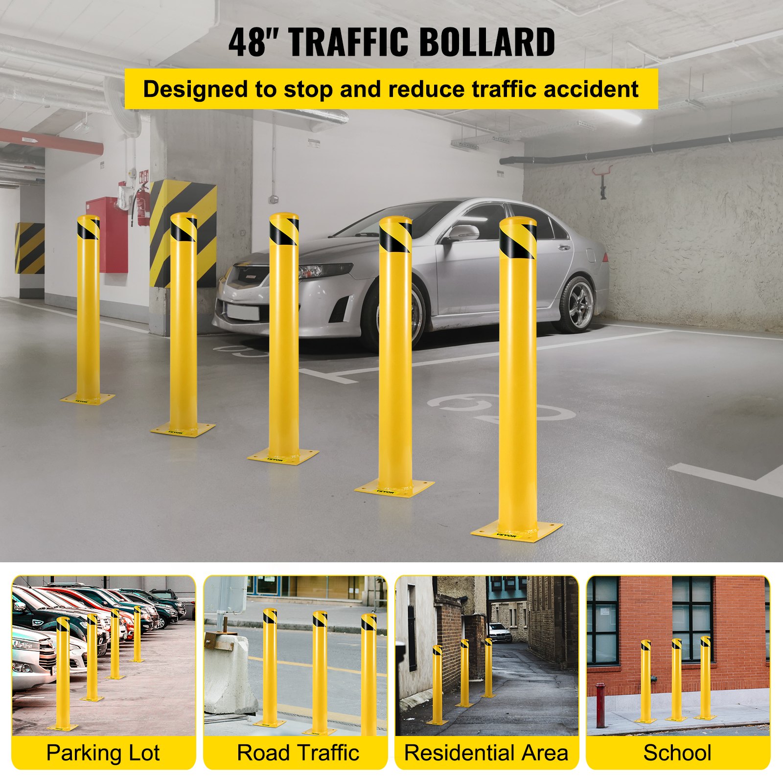VEVOR Veiligheidspaal, 48" x 4,5" Veiligheidsbarrière, paal, 4,5" buitendiameter, 48" hoogte, geel gepoedercoate buisvormige stalen veiligheidsbarrière