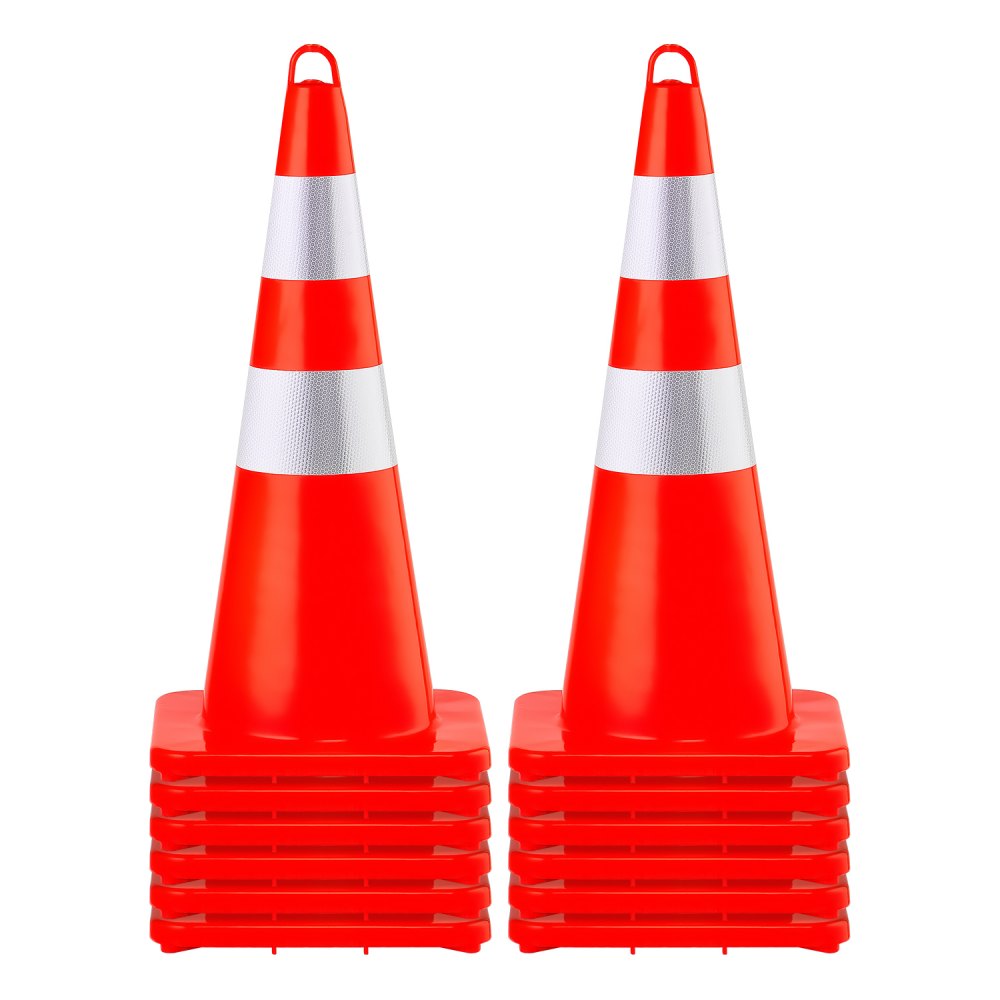 VEVOR Safety Cones, 12 x 28\" Traffic Cones, PVC Orange Construction Cones, 2 Reflective Collars Traffic Cones with Weighted Base and Hand-Held Ring Used for Traffic Control, Driveway Road Parking