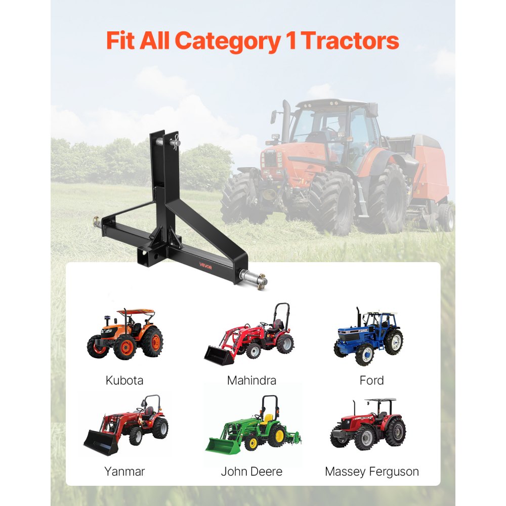 VEVOR 3 Point Trailer Hitch with 2 in Receiver, 3pt Quick Hitch Attachment for Category 1 Tractor, 3000lbs Capacity, Tow Drawbar Adapter, Compatible with Kubota, Mahindra, Ford, Yanmar, John Deere