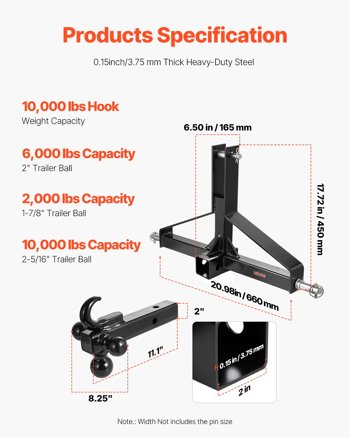 VEVOR 3 Point Trailer Hitch with 2 in Receiver, 3pt Quick Hitch Attachment, Heavy Duty Tractor Tow Drawbar Adapter, Compatible with Kubota, Mahindra, Ford, Yanmar, John Deere, Massey Ferguson