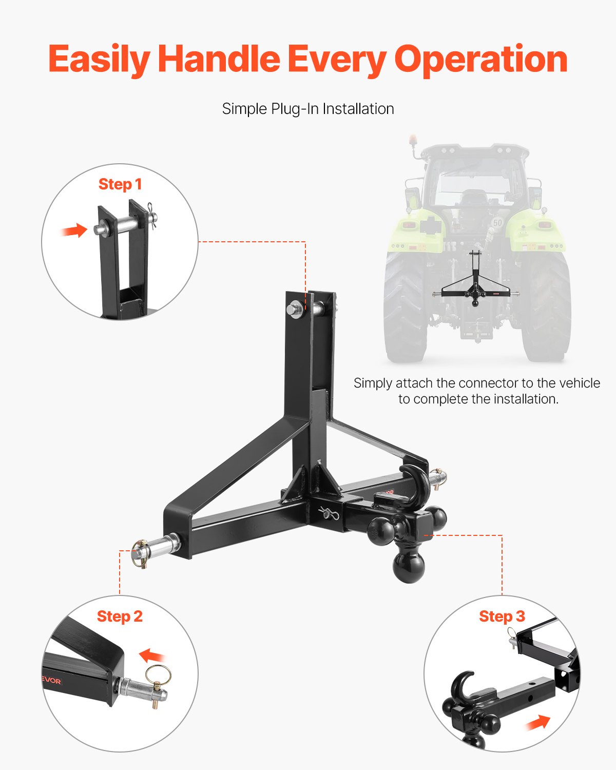 VEVOR 3-punts aanhangwagenkoppeling 660x165x450 mm, 3-punts snelkoppeling, driepuntskoppeling voor tractoren, compatibel met Kubota, Mahindra, Ford, Yanmar, John Deere en Massey Ferguson