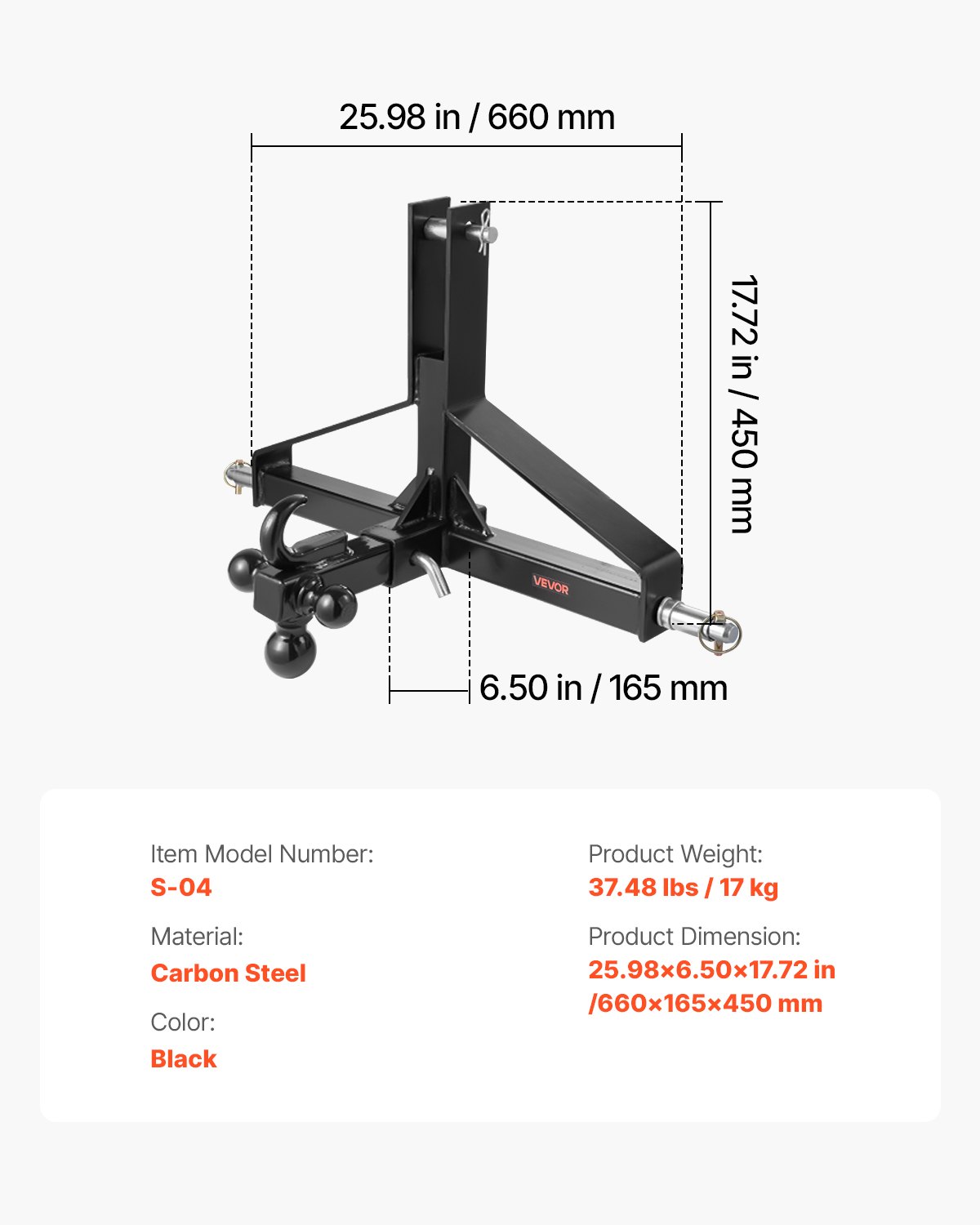 VEVOR 3-punts aanhangwagenkoppeling 660x165x450 mm, 3-punts snelkoppeling, driepuntskoppeling voor tractoren, compatibel met Kubota, Mahindra, Ford, Yanmar, John Deere en Massey Ferguson
