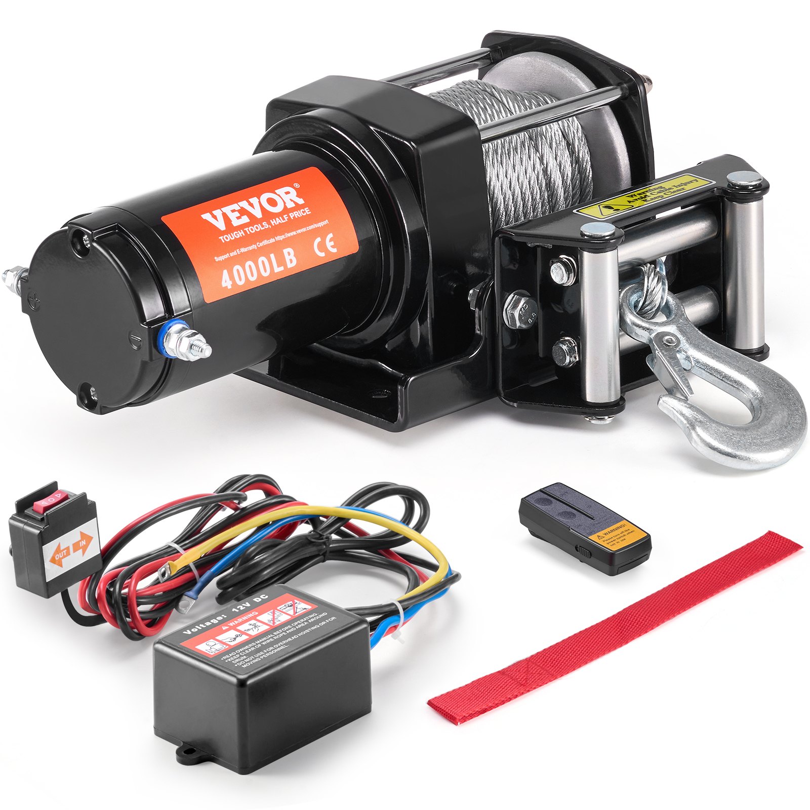 VEVOR elektrische lier, trekkracht van 4000 lb, 12V DC ATV/UTV-lier met Φ3/16 inch x 39 ft 7-strengs stalen kabelgeleider, draadloze en bekabelde afstandsbediening, IP55 waterdicht voor UTV ATV-slepen
