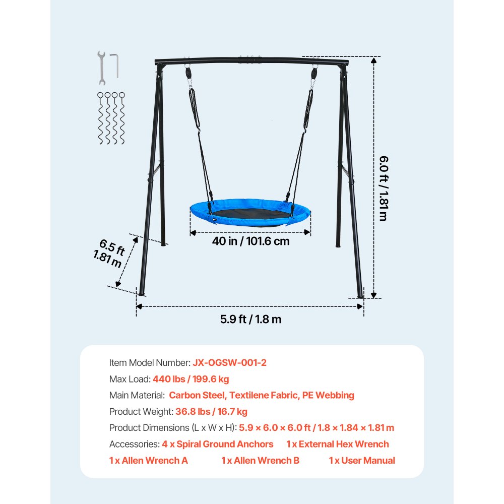 VEVOR tuinschommel met A-vormig metalen frame, schommelzitje (101,6 cm hoog), draagvermogen tot 199,6 kg, buitenschommelset, verstevigd met spiraalvormige grondankers, schotelschommel, zwart/blauw