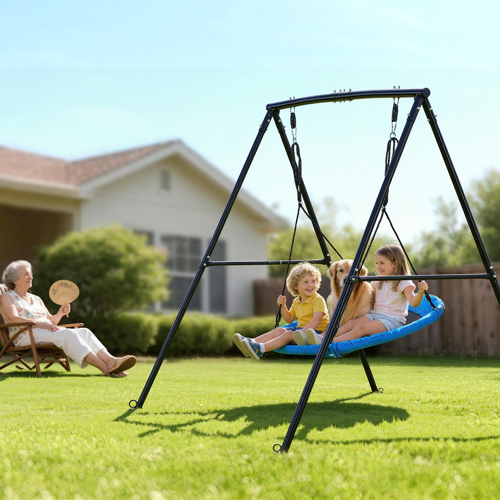 VEVOR tuinschommel met A-vormig metalen frame, schommelzitje (101,6 cm hoog), draagvermogen tot 199,6 kg, buitenschommelset, verstevigd met spiraalvormige grondankers, schotelschommel, zwart/blauw