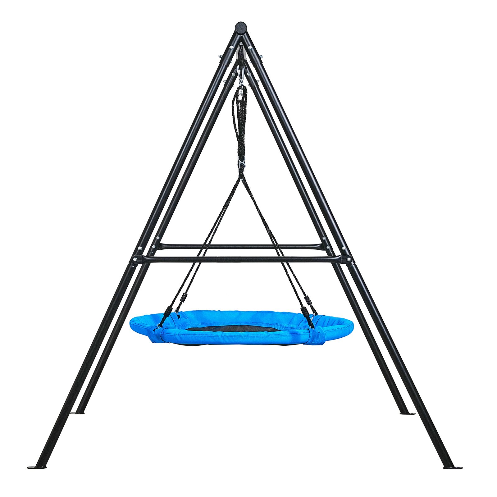 VEVOR tuinschommel met A-vormig metalen frame, schommelzitje (101,6 cm hoog), draagvermogen tot 199,6 kg, buitenschommelset, verstevigd met spiraalvormige grondankers, schotelschommel, zwart/blauw