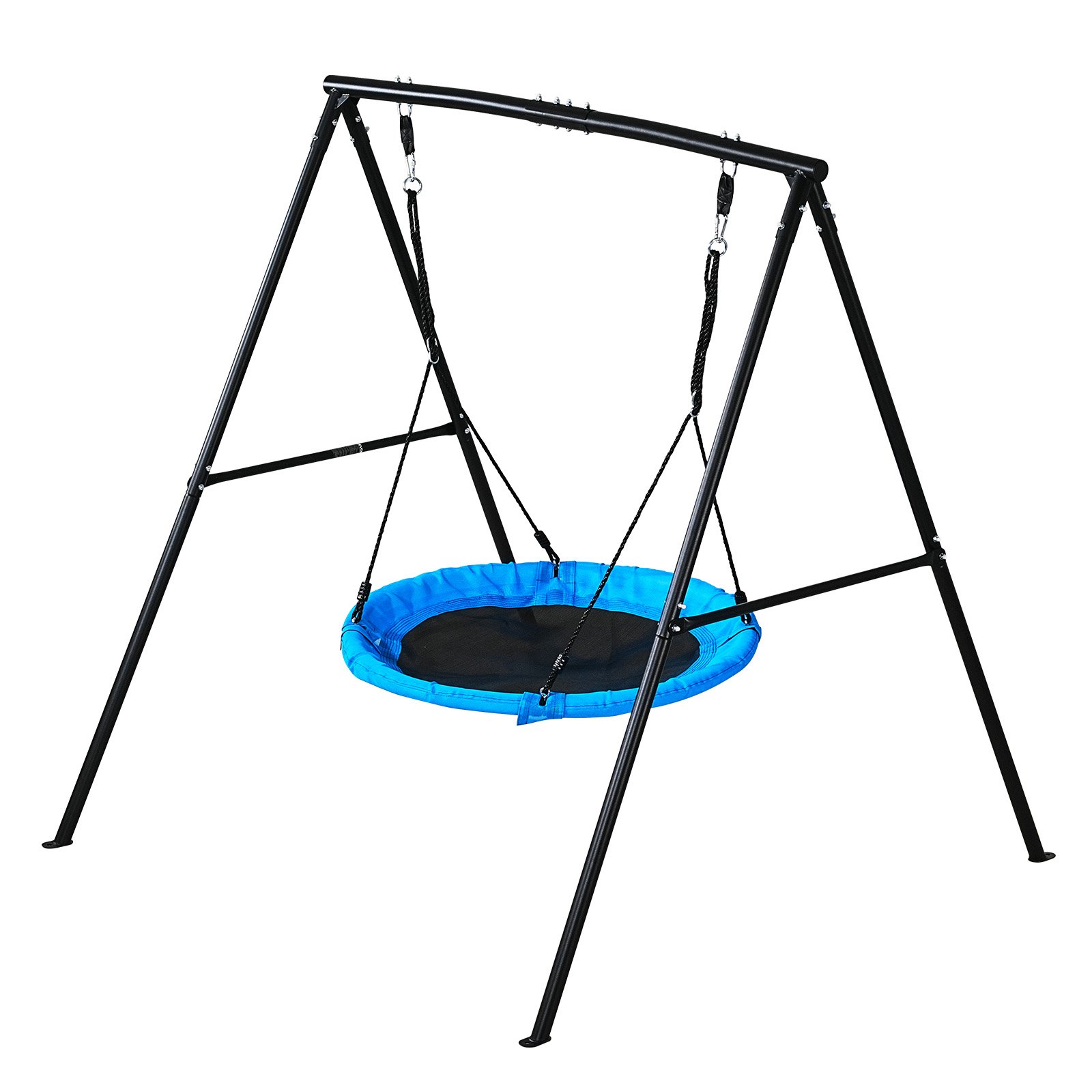 VEVOR tuinschommel met A-vormig metalen frame, schommelzitje (101,6 cm hoog), draagvermogen tot 199,6 kg, buitenschommelset, verstevigd met spiraalvormige grondankers, schotelschommel, zwart/blauw