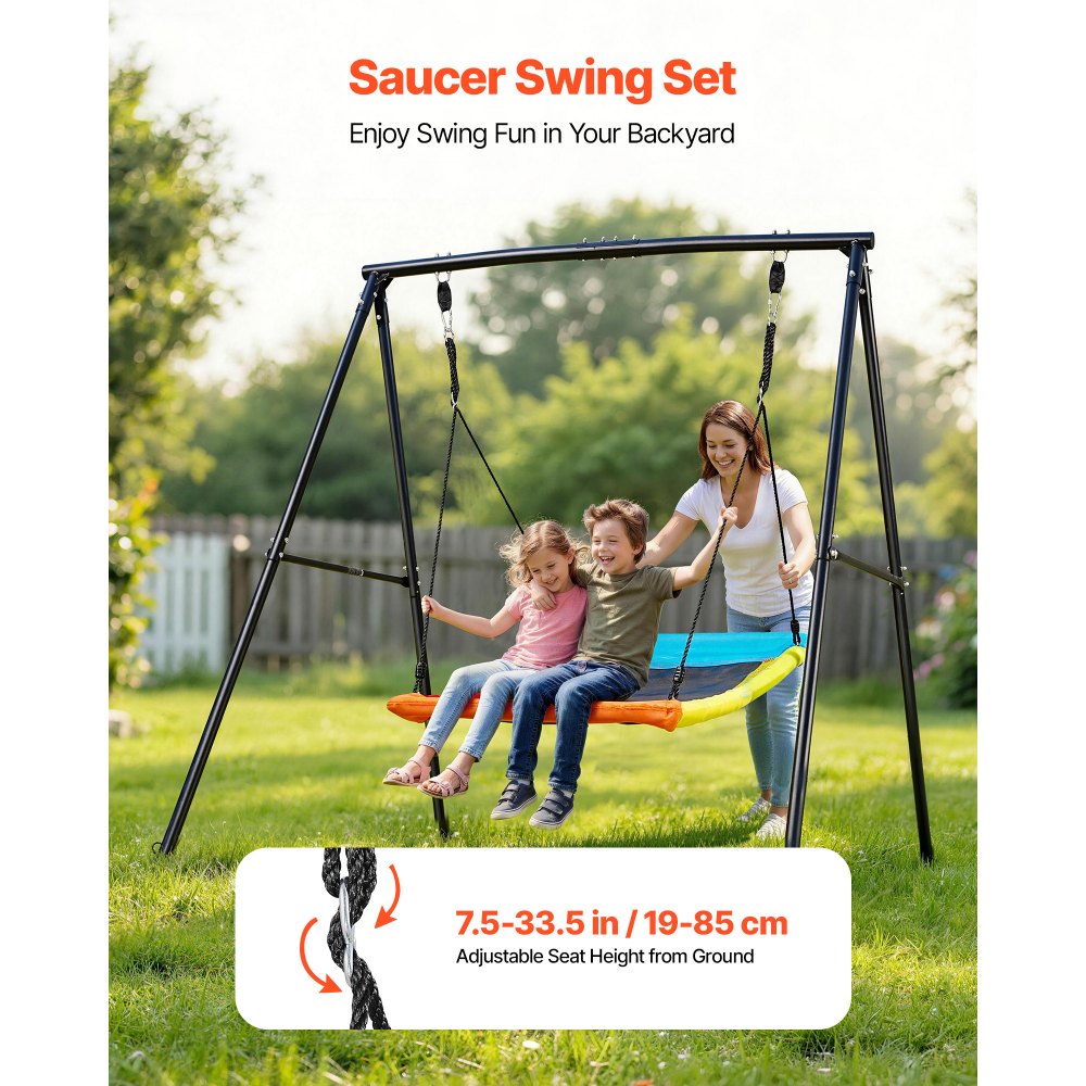 VEVOR tuinschommel met A-vormig metalen frame, schommelzitje (150 x 81 cm), draagvermogen tot 199,6 kg, buitenschommelset, verstevigd met spiraalvormige grondankers, kleurrijke kinderschommel