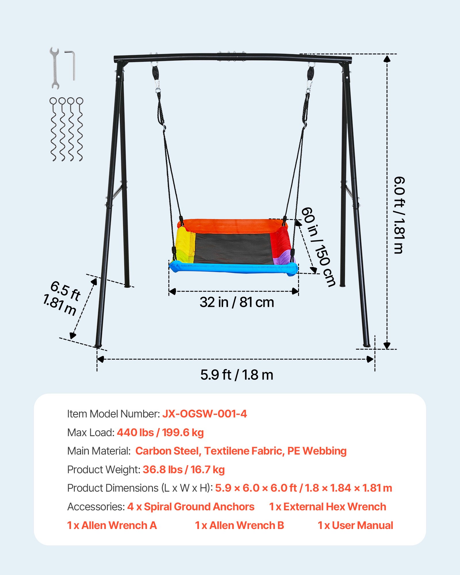 VEVOR tuinschommel met A-vormig metalen frame, schommelzitje (150 x 81 cm), draagvermogen tot 199,6 kg, buitenschommelset, verstevigd met spiraalvormige grondankers, kleurrijke kinderschommel