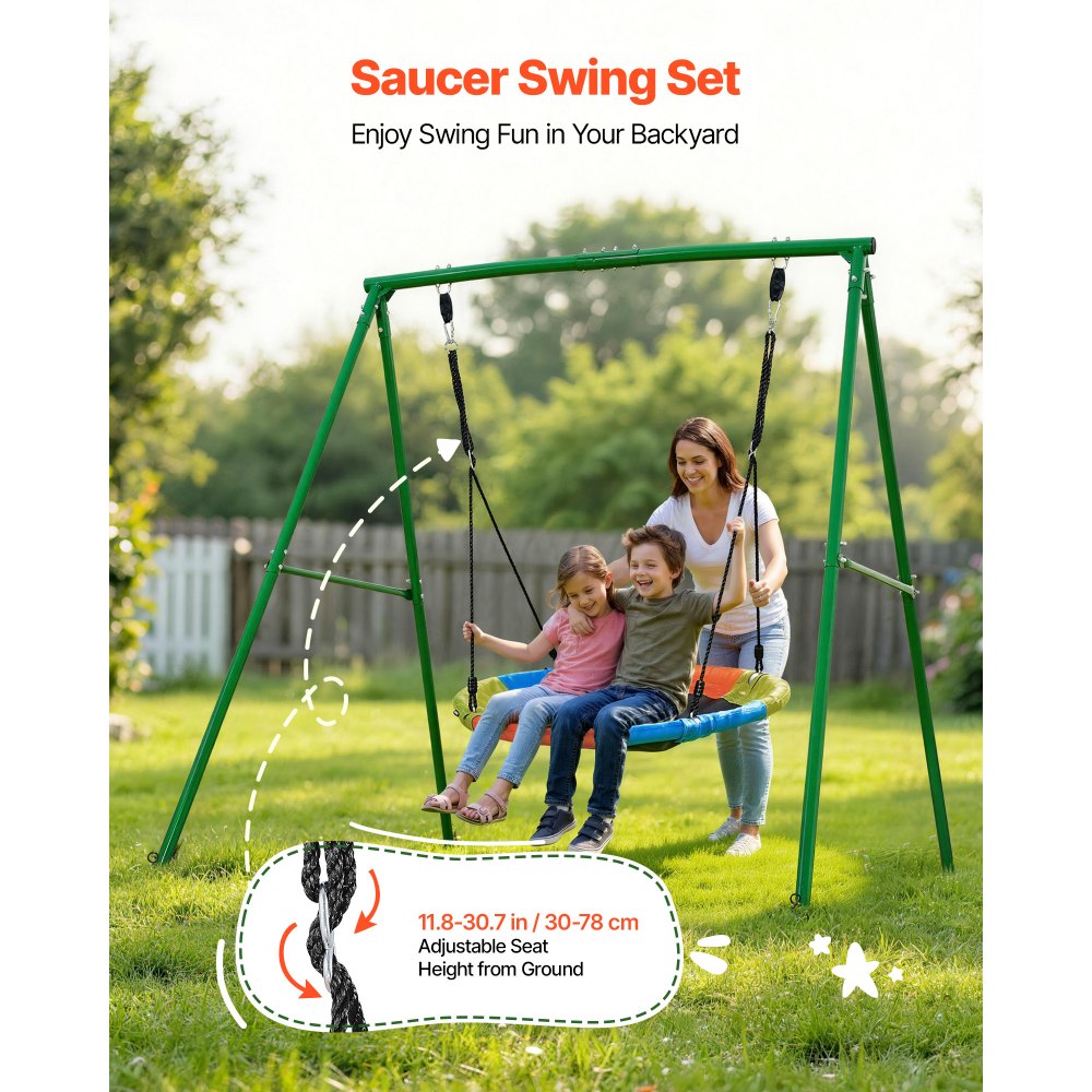 VEVOR tuinschommel met A-vormig metalen frame, schommelzitje (101,6 cm hoog), draagvermogen tot 199,6 kg, buitenschommelset, verstevigd met spiraalvormige grondankers, kleurrijke schotelschommel