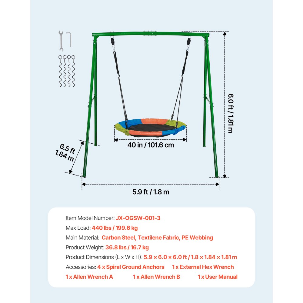 VEVOR tuinschommel met A-vormig metalen frame, schommelzitje (101,6 cm hoog), draagvermogen tot 199,6 kg, buitenschommelset, verstevigd met spiraalvormige grondankers, kleurrijke schotelschommel