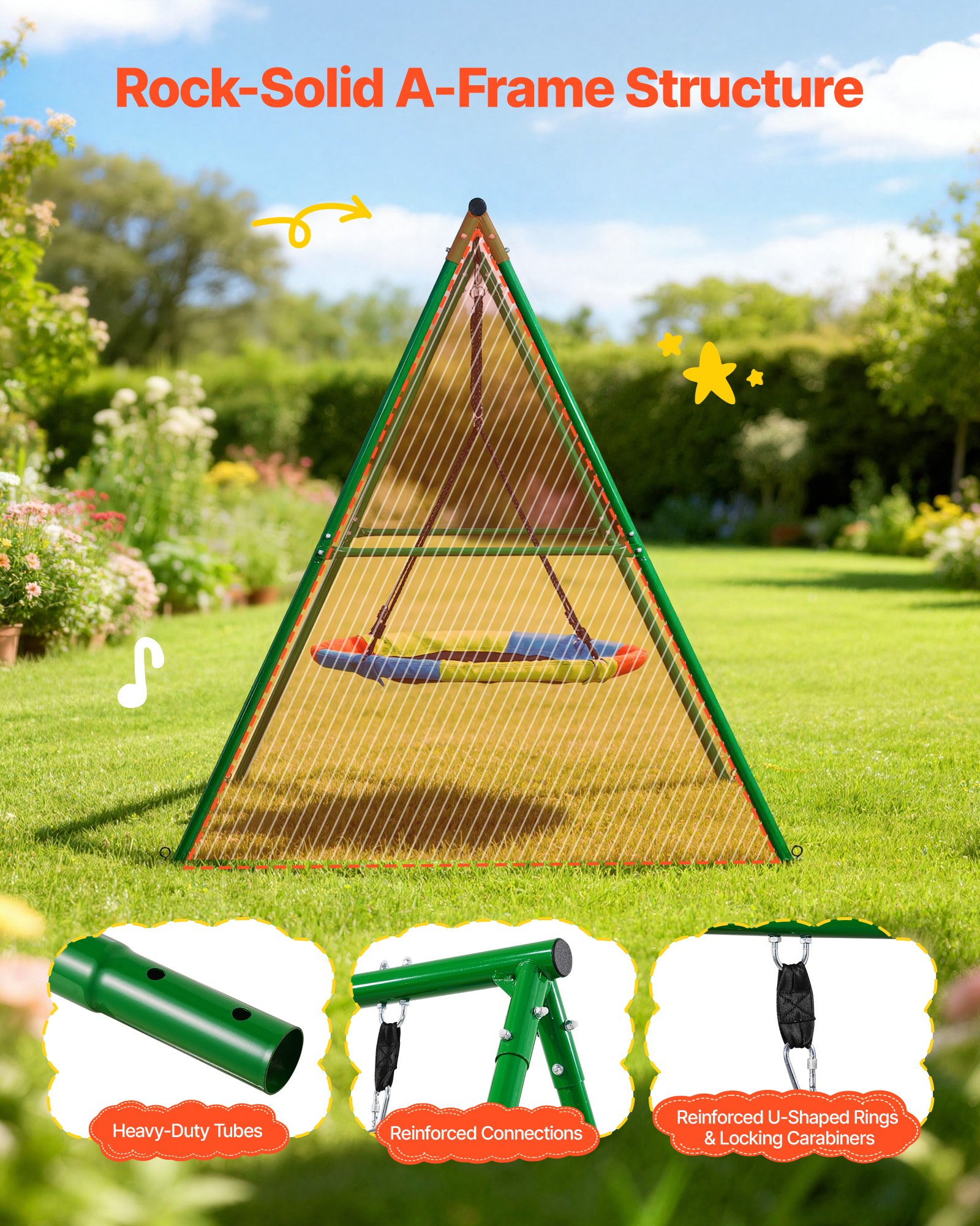 VEVOR tuinschommel met A-vormig metalen frame, schommelzitje (101,6 cm hoog), draagvermogen tot 199,6 kg, buitenschommelset, verstevigd met spiraalvormige grondankers, kleurrijke schotelschommel