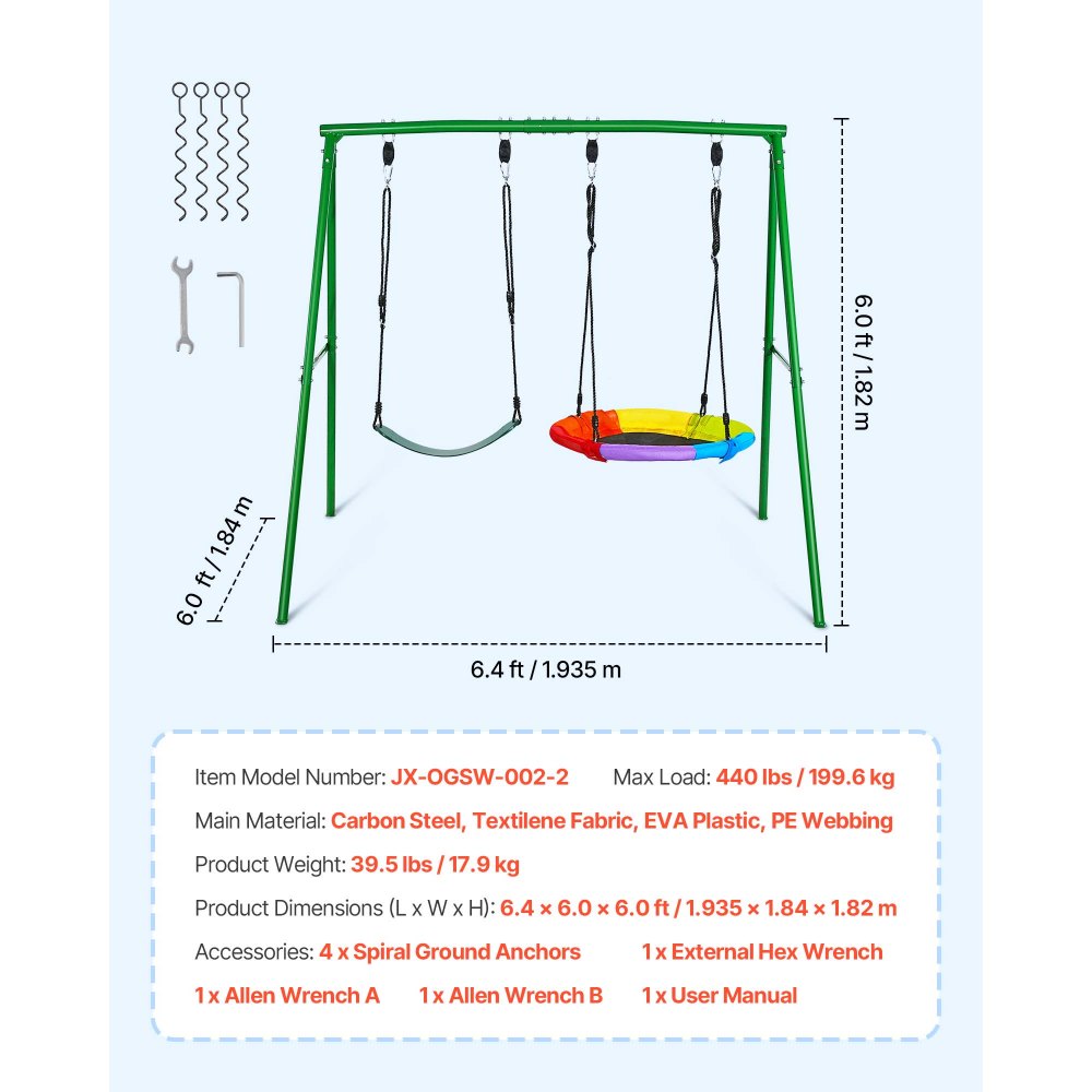 VEVOR tuinschommel met A-vormig metalen onderstel, dubbele schommel (1 schotelschommel & 1 bandenschommel), draagvermogen tot 199,6 kg, buitenschommelset, verstevigd met spiraalvormige grondankers.