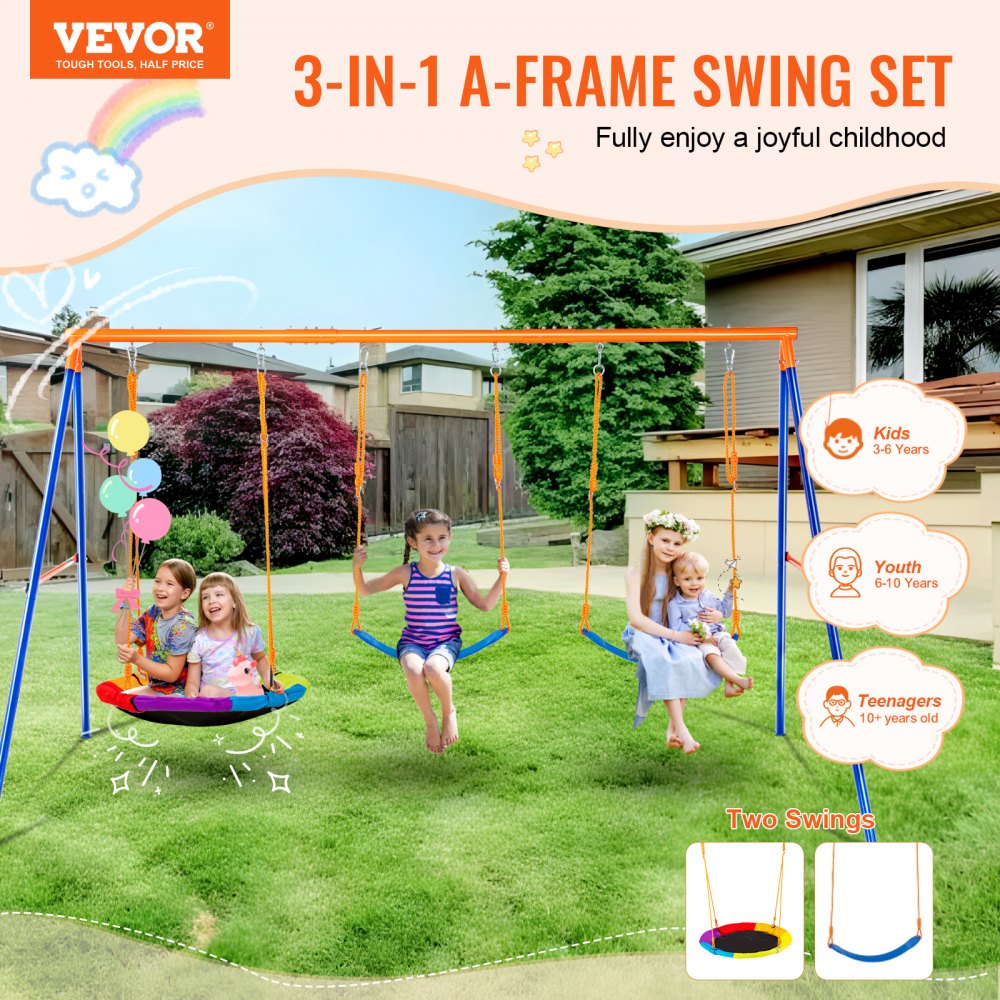 VEVOR Swing Sets for Backyard, 600lbs Load Capacity Swing Set, with 1 Saucer Swing Seat, 2 Belt Swing Seats, Heavy Duty A-Frame Metal Swing Stand and Adjustable Rope, Swingset Outdoor for Kids