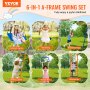 VEVOR swing set: 6-in-1 a-frame with hammock, belt swing, basketball hoop, climbing ladder, trapeze bar, and net.