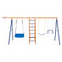 VEVOR swing set includes swings, slide, ladder, and basketball hoop in vibrant blue and orange colors.