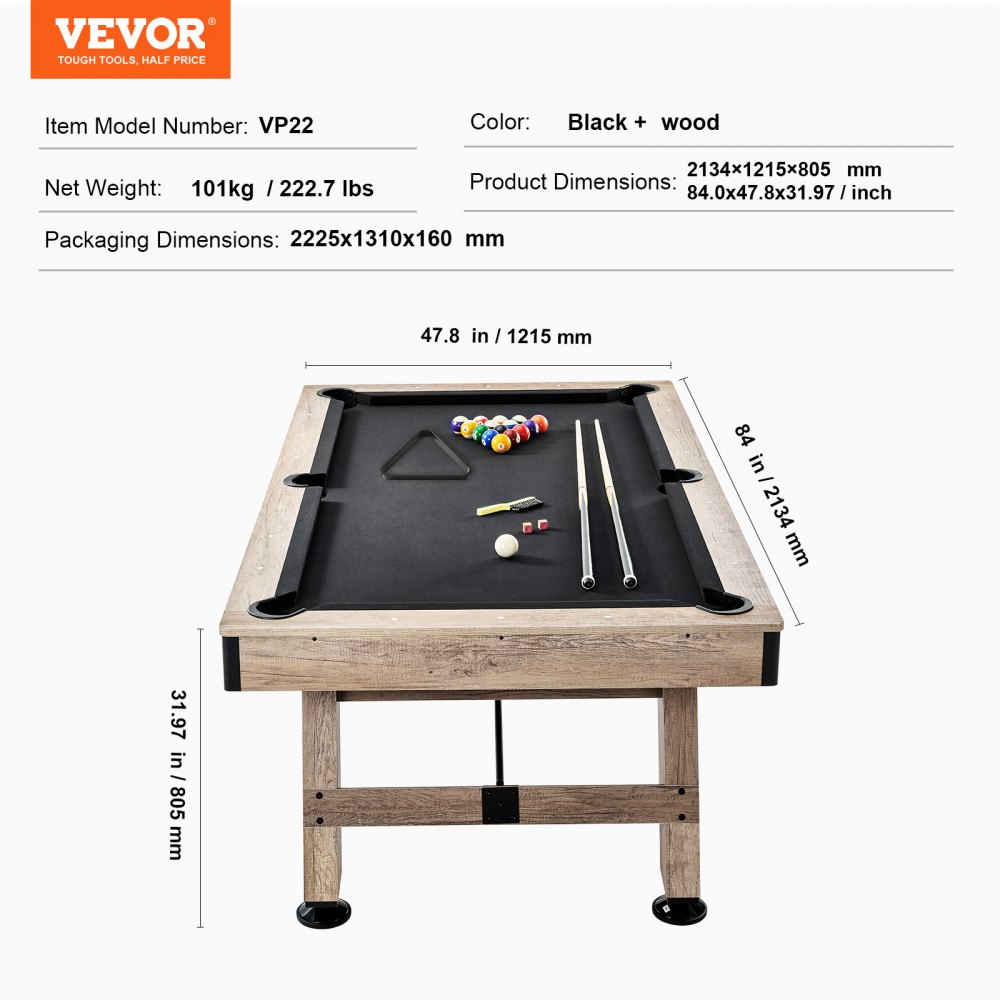 VEVOR Pooltafel, 2,13 m Pooltafel, Pooltafel met verstelbare poten, Pooltafelset inclusief ballen, keuen, krijt en borstel, Perfect voor de familiespeelkamer voor kinderen en volwassenen