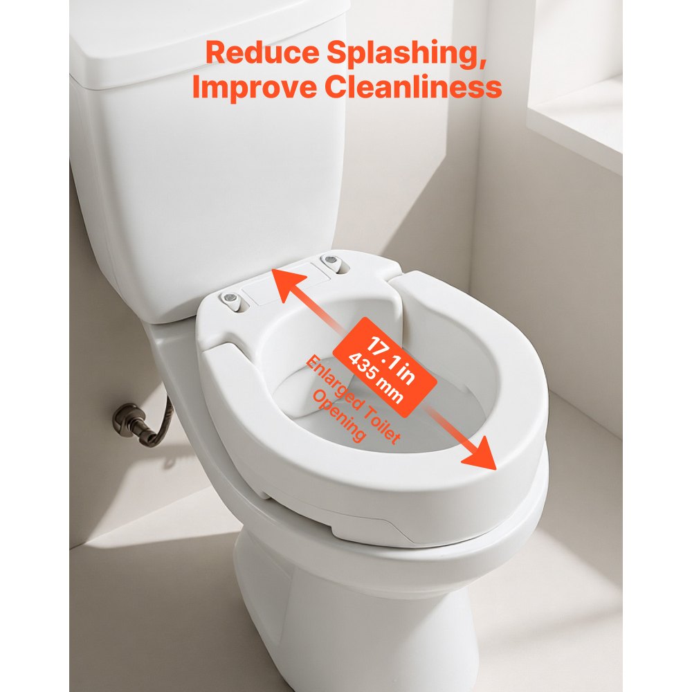 VEVOR toiletbrilverhoger met een draagvermogen van 136 kg en een hefhoogte van 88,9 mm. Deze verhoogde toiletbril is gemaakt van HDPE en heeft een vergrote opening, speciaal ontworpen voor ouderen, senioren en mensen met een beperking.