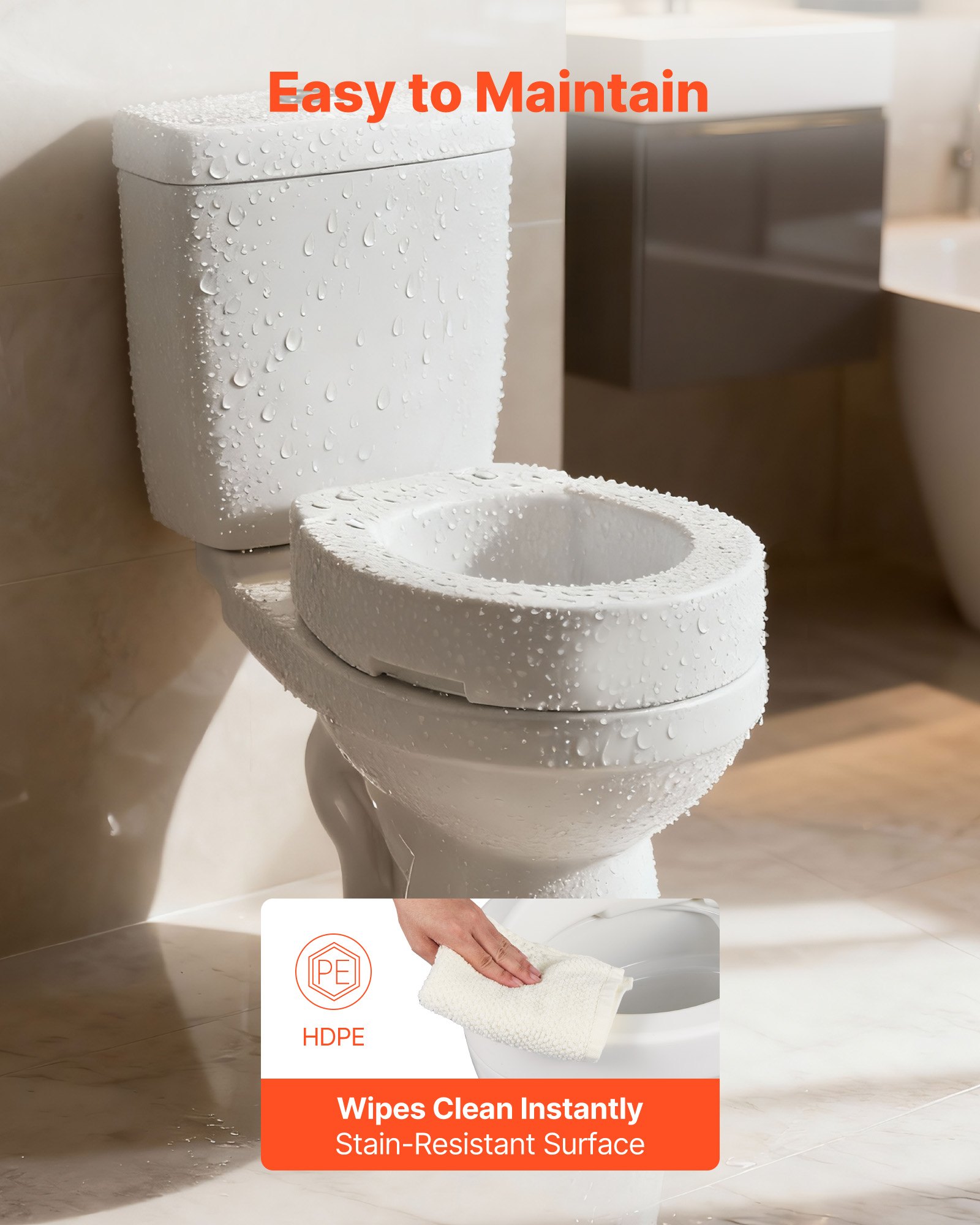 VEVOR toiletbrilverhoger met een draagvermogen van 136 kg en een hefhoogte van 88,9 mm. Deze verhoogde toiletbril is gemaakt van HDPE en heeft een vergrote opening, speciaal ontworpen voor ouderen, senioren en mensen met een beperking.