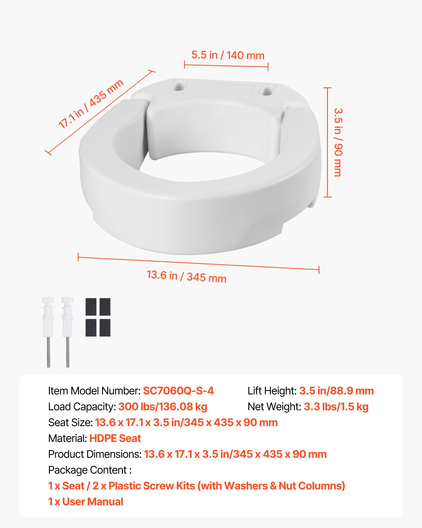 VEVOR toiletbrilverhoger met een draagvermogen van 136 kg en een hefhoogte van 88,9 mm. Deze verhoogde toiletbril is gemaakt van HDPE en heeft een vergrote opening, speciaal ontworpen voor ouderen, senioren en mensen met een beperking.