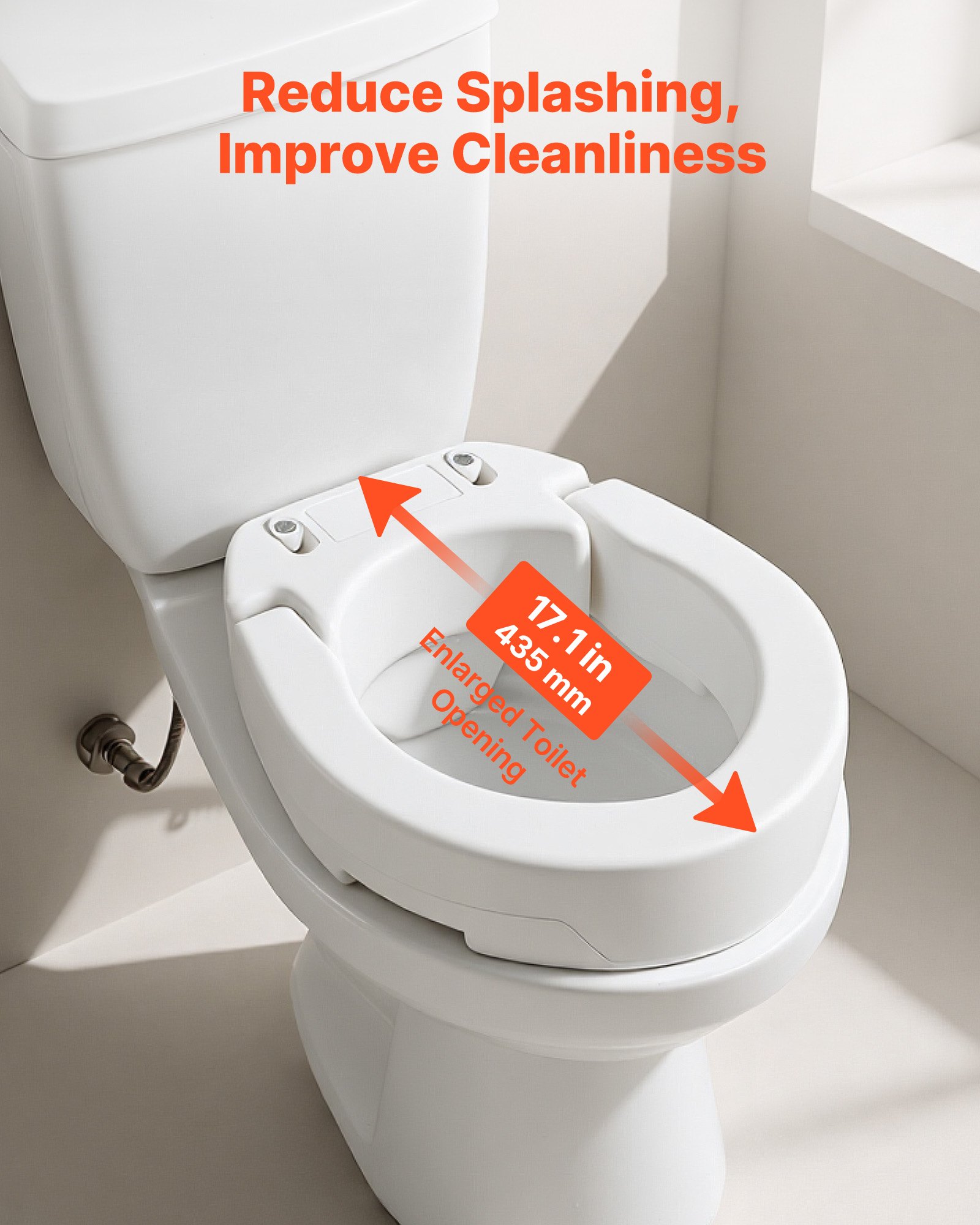 VEVOR toiletbrilverhoger met een draagvermogen van 136 kg en een hefhoogte van 88,9 mm. Deze verhoogde toiletbril is gemaakt van HDPE en heeft een vergrote opening, speciaal ontworpen voor ouderen, senioren en mensen met een beperking.