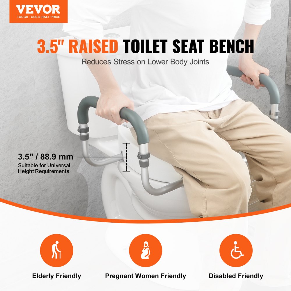 VEVOR Raised Toilet Seat, 3.5" Height Raised, 300 lbs Weight Capacity, for Standard Round Toilet, Aluminum Handrail, with EVA Armrest Padding, for Elderly, Handicap, Patient, Pregnant, Medical
