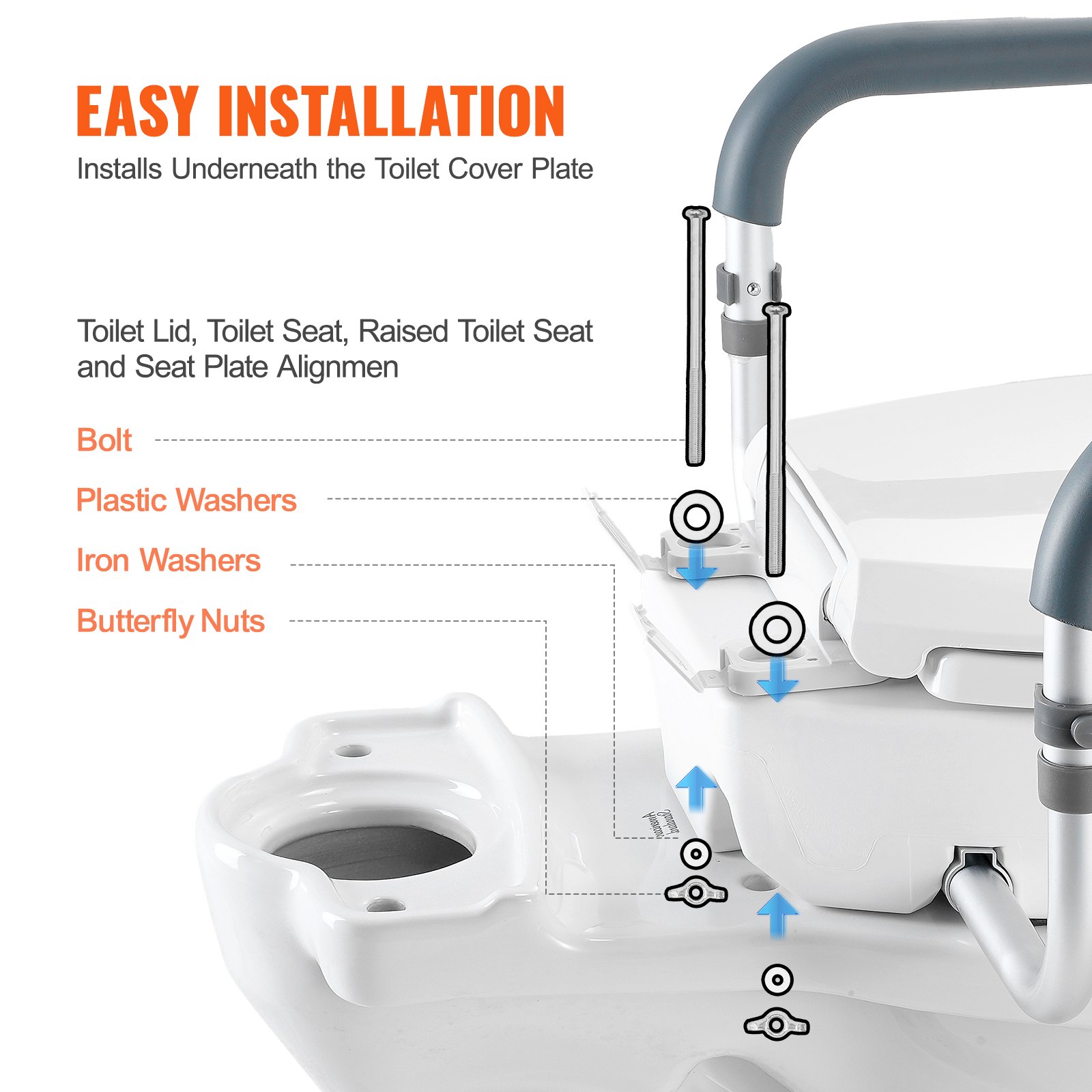 VEVOR Raised Toilet Seat, 3.5" Height Raised, 300 lbs Weight Capacity, for Standard Round Toilet, Aluminum Handrail, with EVA Armrest Padding, for Elderly, Handicap, Patient, Pregnant, Medical